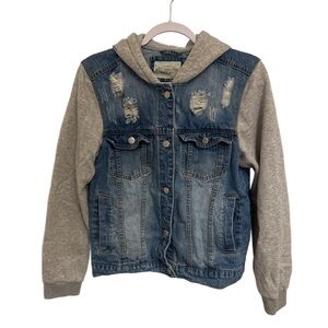 Francesca’s- Ashley Vintage Charm, Distressed Jean Jacket w/ Hood
